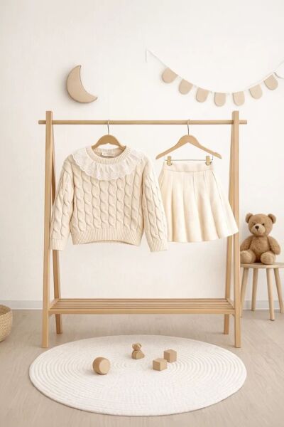 Bebe yaka etekli triko takım krem