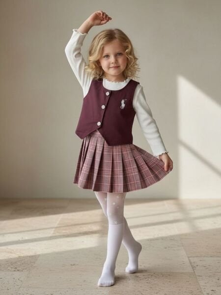 Gabardin Yelekli Plise Etekli 3lü Takım