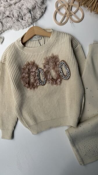 Taşlı Triko Takım Krem