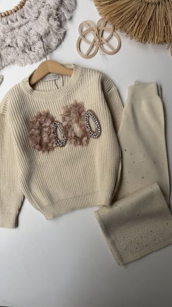Taşlı Triko Takım Krem