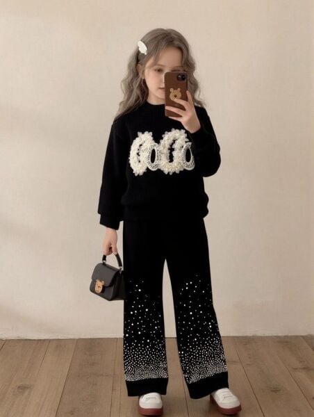 Taşlı Triko Takım Siyah