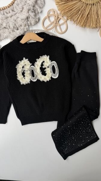 Taşlı Triko Takım Siyah