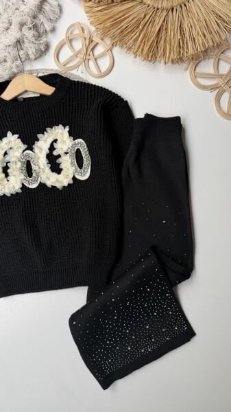 Taşlı Triko Takım Siyah