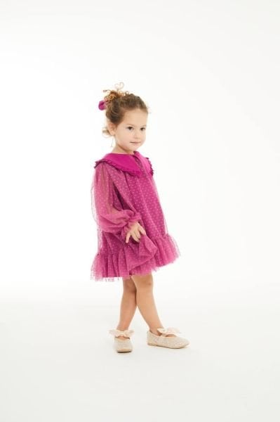 Tül detaylı elbise pembe