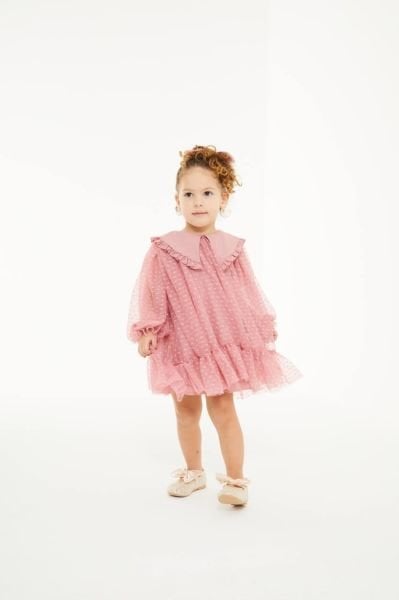 Tül detaylı bebe pembe elbise