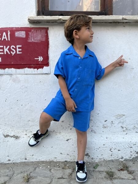 Dokuma Keten Takım Saks Mavisi