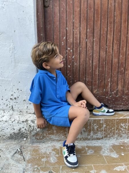 Dokuma Keten Takım Saks Mavisi