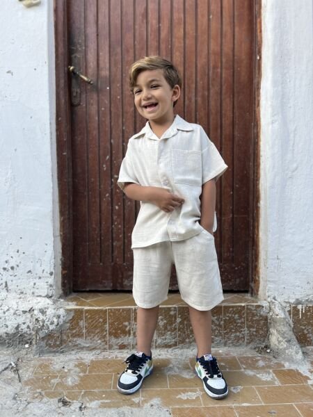 Dokuma Keten takım krem