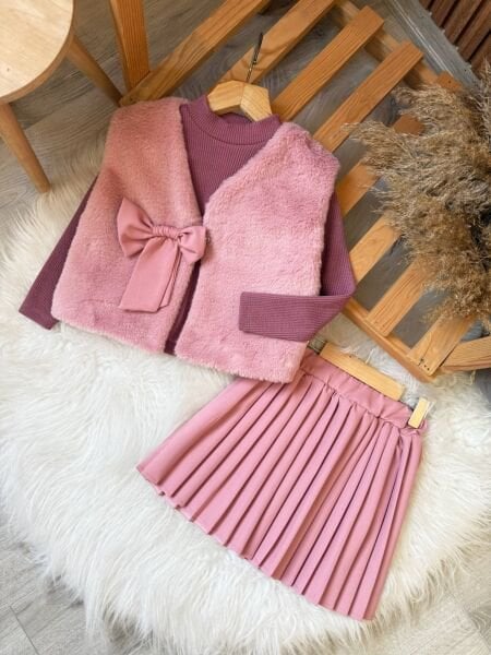 3lü yelek bluz etek set